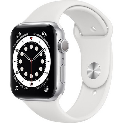 Умные часы Apple Watch Series 6, 44 мм, корпус из алюминия серебристого цвета, спортивный ремешок белого цвета M00D3 - фото 9852