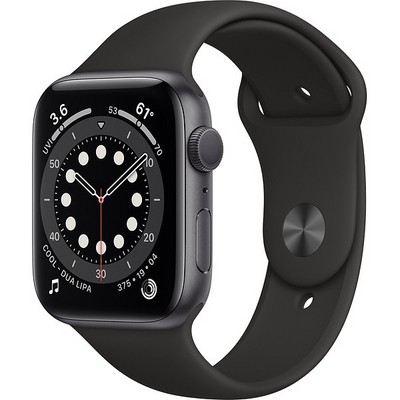 Умные часы Apple Watch Series 6, 44 мм, корпус из алюминия цвета «серый космос», спортивный ремешок чёрного цвета M00H3 - фото 9855