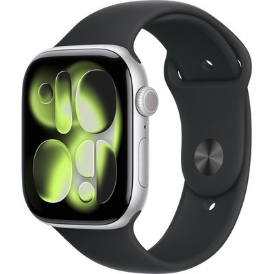 Умные часы Apple Watch Series 11, 46 mm, Silver Aluminium Black Sport Band - фото 16540