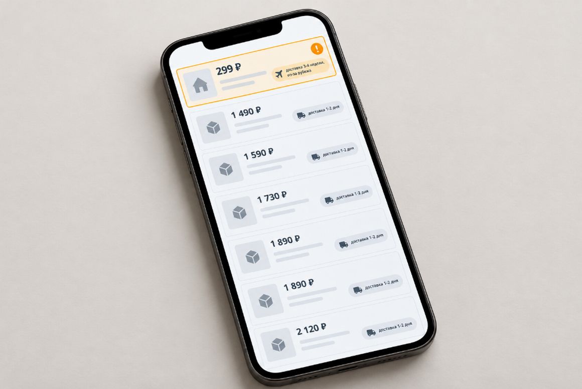 Список предложений продавцов на маркетплейсе с подозрительно низкой ценой и доставкой из-за рубежа