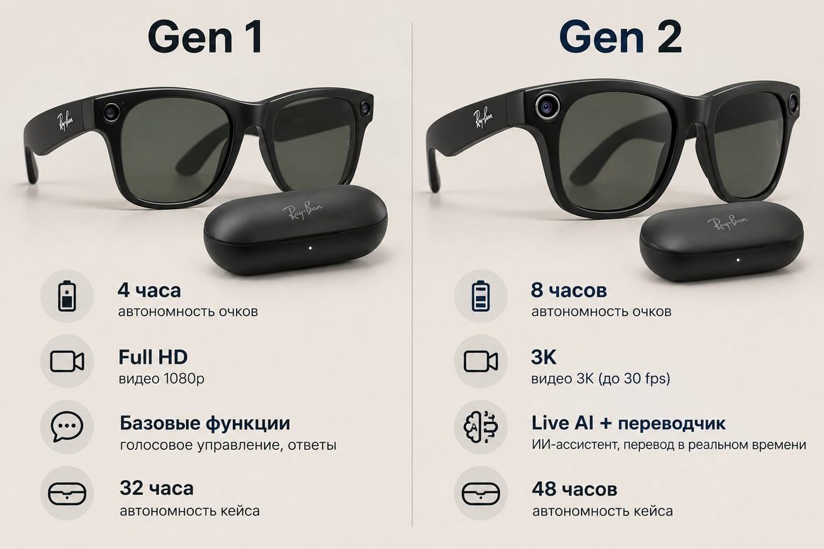 Ray-Ban Meta Gen 1 или Gen 2 — сравнение автономности, видео и ИИ-функций