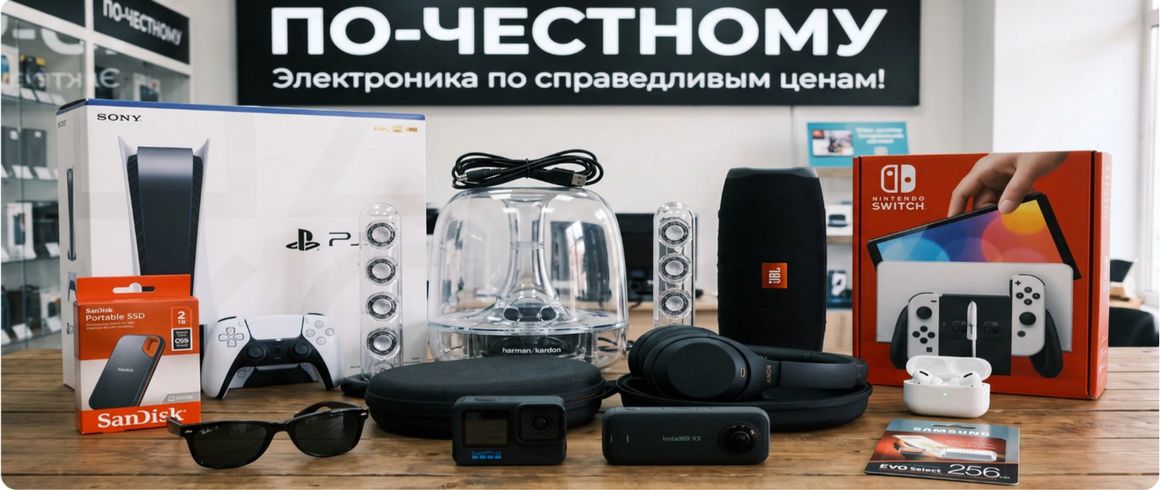 Ассортимент магазина «По-честному»: PlayStation 5, Nintendo Switch, колонки JBL и Harman/Kardon, камеры GoPro и Insta360, наушники Sony и AirPods